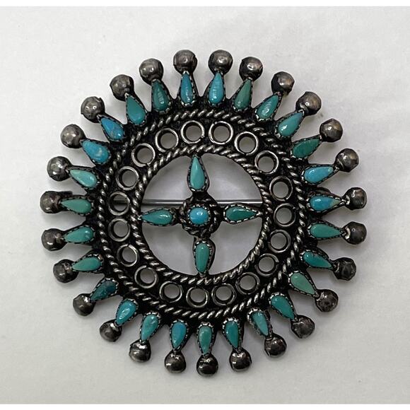 Vintage Zuni Petit Point Silver & Turquoise Brooch Pin Native American Old Pawn - Picture 1 of 11